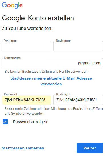 Maske Google Konto Erstellung über YouTube