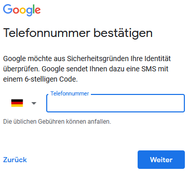 Google Konto Erstellung Telefonnummer bestätigen