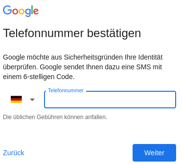 Maske Google Konto Telefonnummer bestätigen